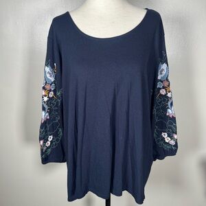 J. Jill Sz XLP Petite Blue Soft Modal Embroidered 3/4 Sleeve Scoop Neck Top